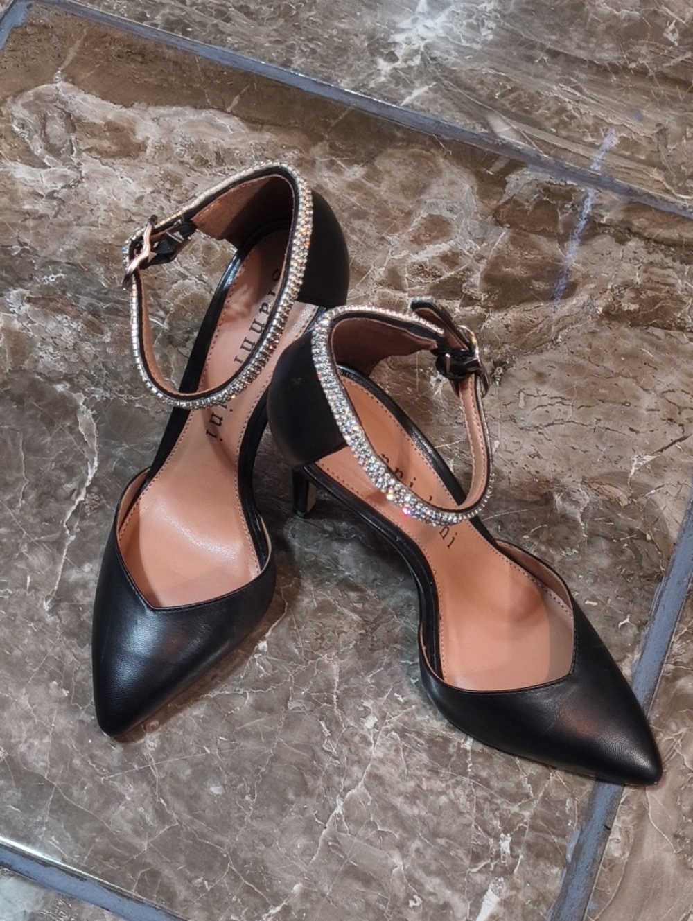 Black Pointed Toe Ankle Strap Heels with Rhinestone Accent